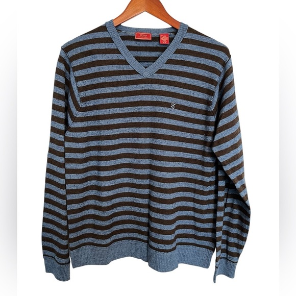 IZOD Striped V-Neck Sweater Blue and Brown size medium - Picture 1 of 4